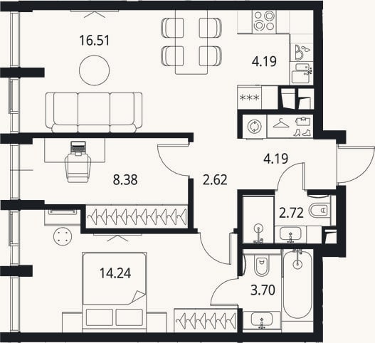 Планировка: 3-к, 56,6 м²