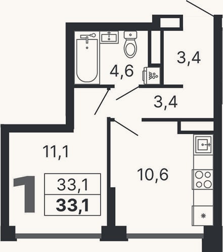 Планировка: 1-к, 33,1 м²