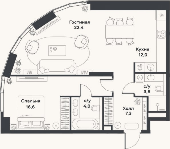 Планировка: 2-к, 66,1 м²