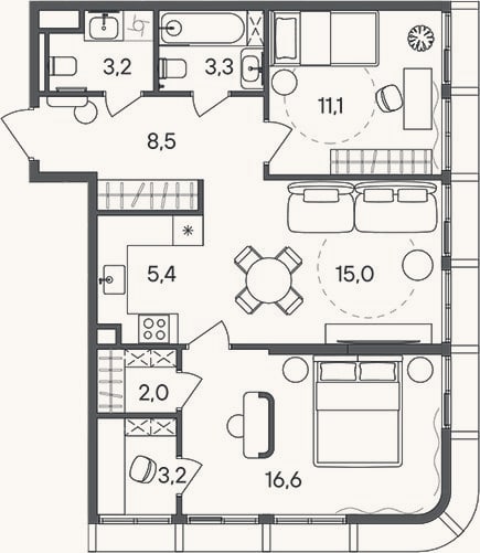 Планировка: 3-к, 68,3 м²