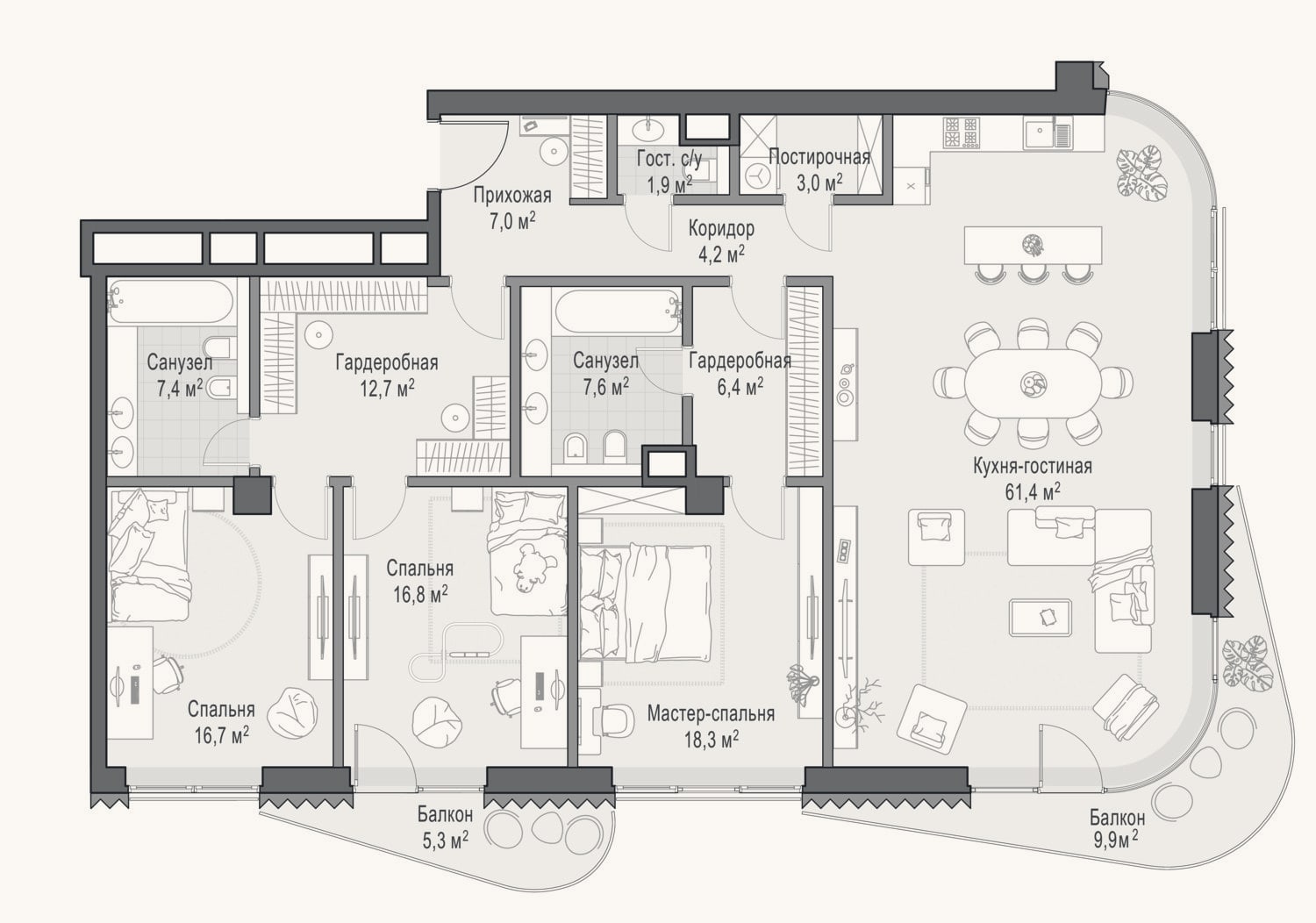 Планировка: 3-к, 163,4 м²