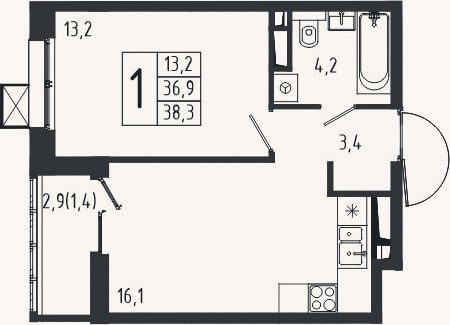 Планировка: 1-к, 36,9 м²