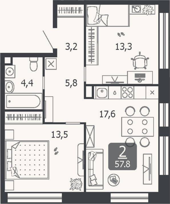 Планировка: 3-к, 57,8 м²