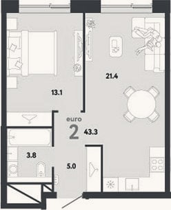 Планировка: 2-к, 43,3 м²