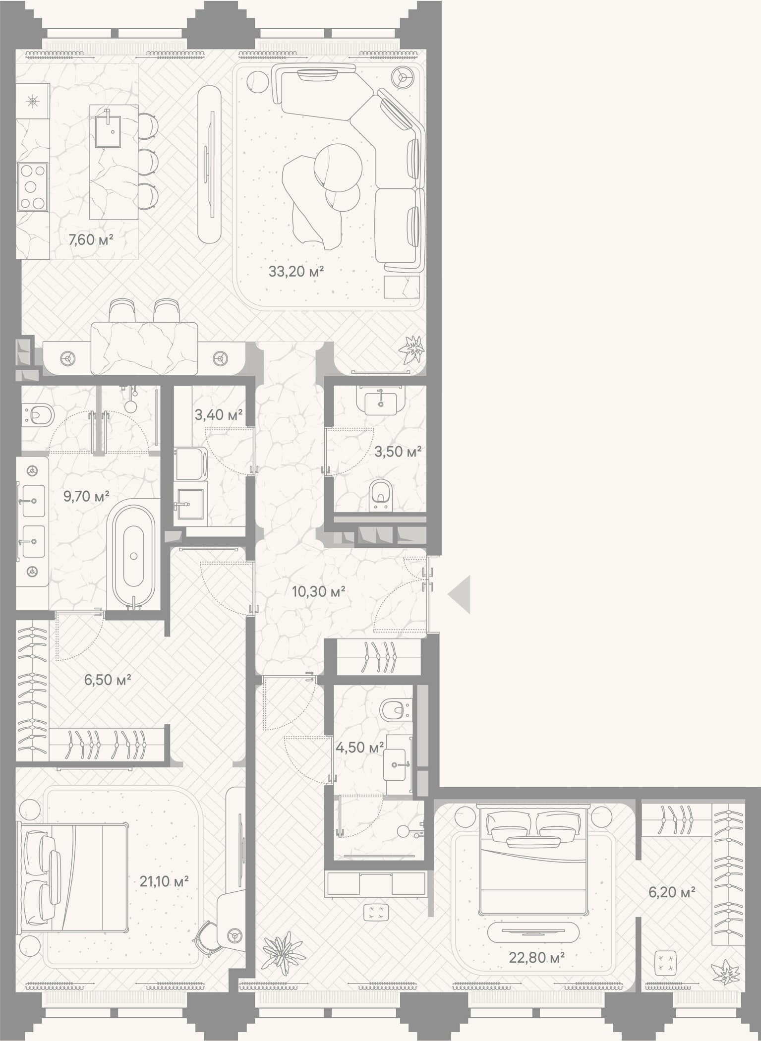 Планировка: 2-к, 128,8 м²