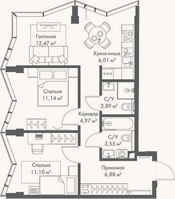 Планировка: 3-к, 59 м²