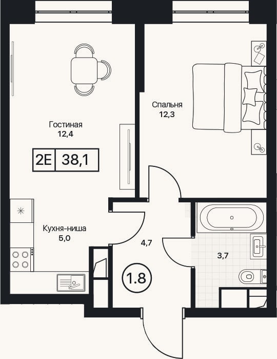 Планировка: 2-к, 38,1 м²