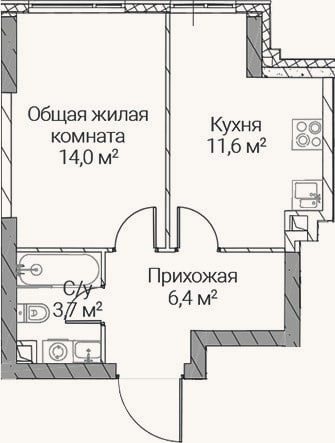 Планировка: 1-к, 35,7 м²