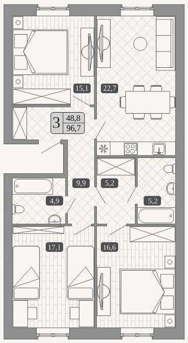Планировка: 4+ к, 96,7 м²