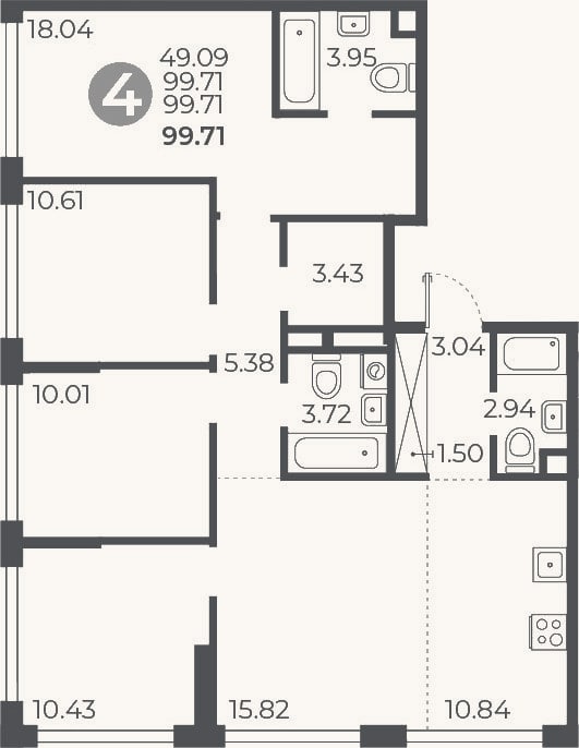 Планировка: 4+ к, 99,7 м²