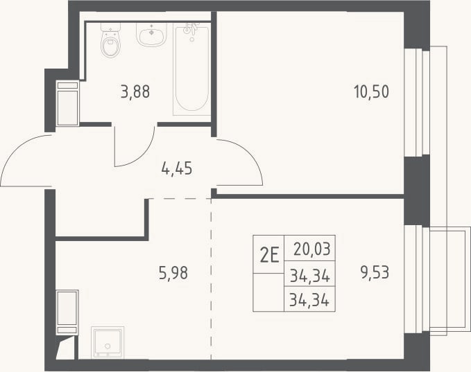 Планировка: 2-к, 34,3 м²