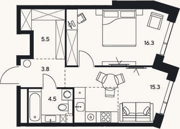 Планировка: 1-к, 45,4 м²