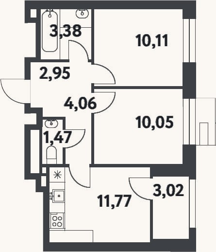 Планировка: 2-к, 43,8 м²