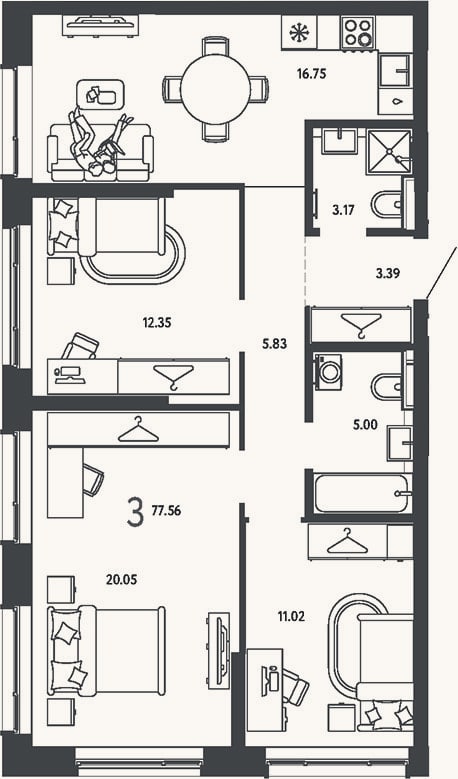 Планировка: 3-к, 77,6 м²