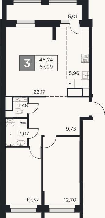 Планировка: 3-к, 65,5 м²