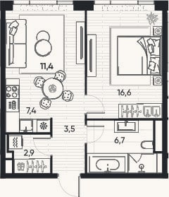 Планировка: 2-к, 48,5 м²