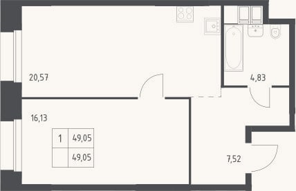 Планировка: 1-к, 49,1 м²