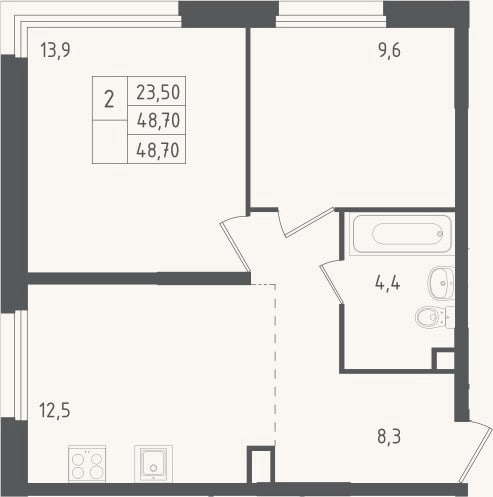 Планировка: 2-к, 48,7 м²