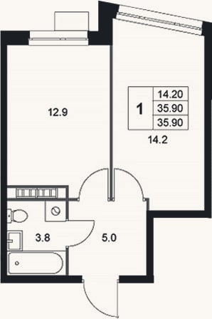 Планировка: 1-к, 35,9 м²