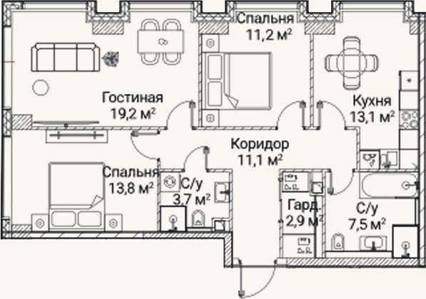 Планировка: 3-к, 82,5 м²