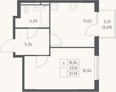 Планировка: 1-к, 37,1 м²