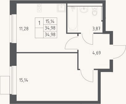Планировка: 1-к, 35 м²