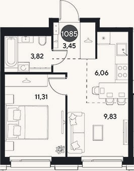 Планировка: 2-к, 34,5 м²