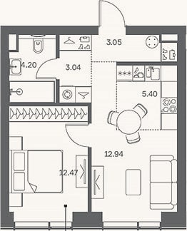 Планировка: 2-к, 42,2 м²
