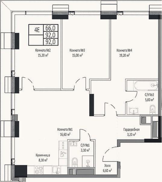 Планировка: 4+ к, 92 м²