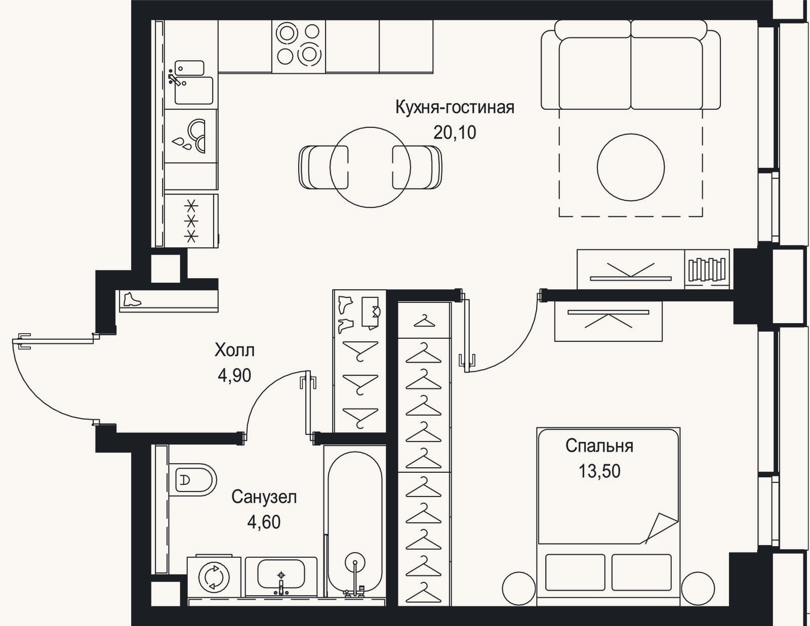 Планировка: 2-к, 43,1 м²