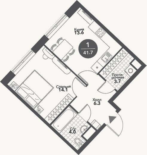 Планировка: 1-к, 41,7 м²