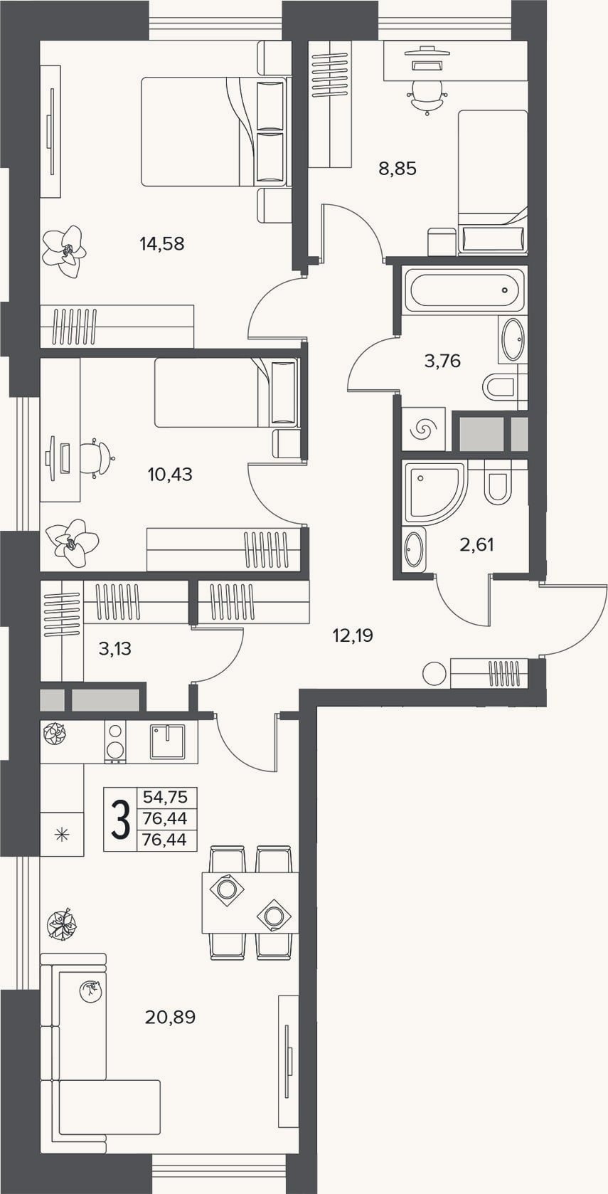 Планировка: 4+ к, 76,4 м²