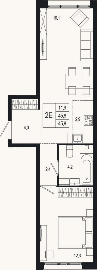 Планировка: 2-к, 47,1 м²