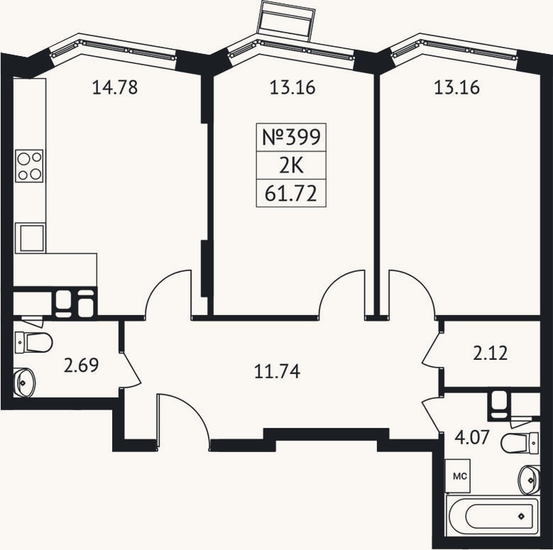Планировка: 2-к, 61,7 м²