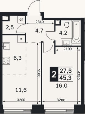 Планировка: 2-к, 45,3 м²