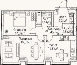 Планировка: 2-к, 62,6 м²