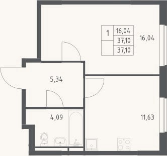Планировка: 1-к, 37,1 м²