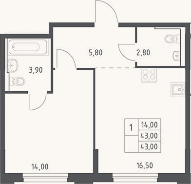 Планировка: 2-к, 43 м²