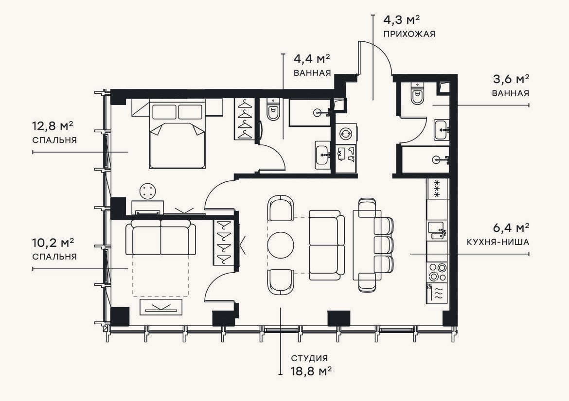 Планировка: 3-к, 60,5 м²