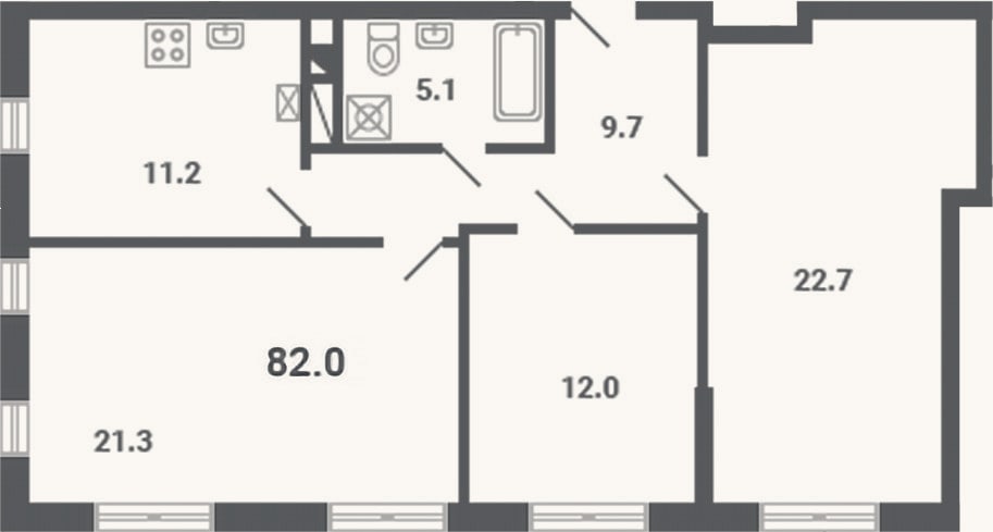 Планировка: 3-к, 82 м²