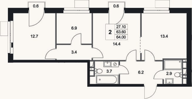 Планировка: 2-к, 63,6 м²