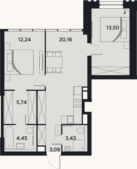 Планировка: 3-к, 62,6 м²