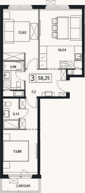 Планировка: 3-к, 57,4 м²