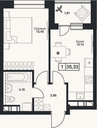 Планировка: 1-к, 33,7 м²