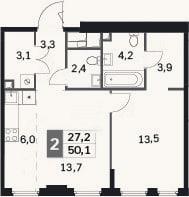Планировка: 2-к, 50,1 м²