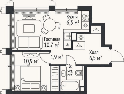 Планировка: 2-к, 39,9 м²