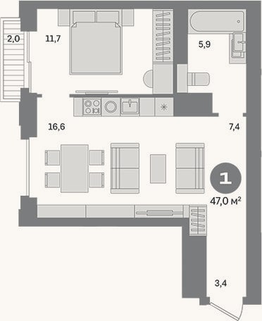 Планировка: 1-к, 45 м²