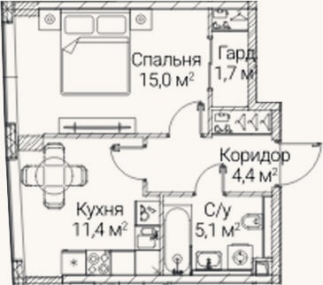 Планировка: 1-к, 37,6 м²