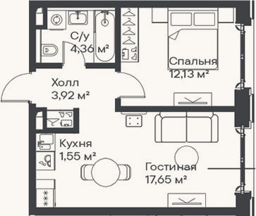 Планировка: 2-к, 39,6 м²