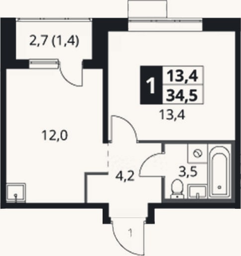 Планировка: 1-к, 33,1 м²